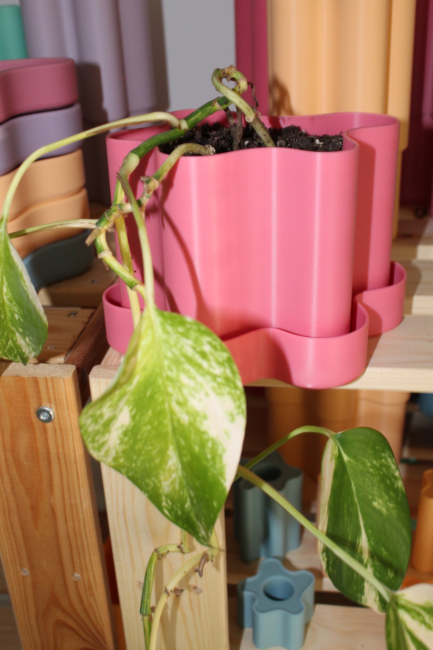 Pot de fleur rose pastel design, objet déco, plante, impression 3D, artisanat francais, écoresponsable, slow design, matériau végétal recyclé