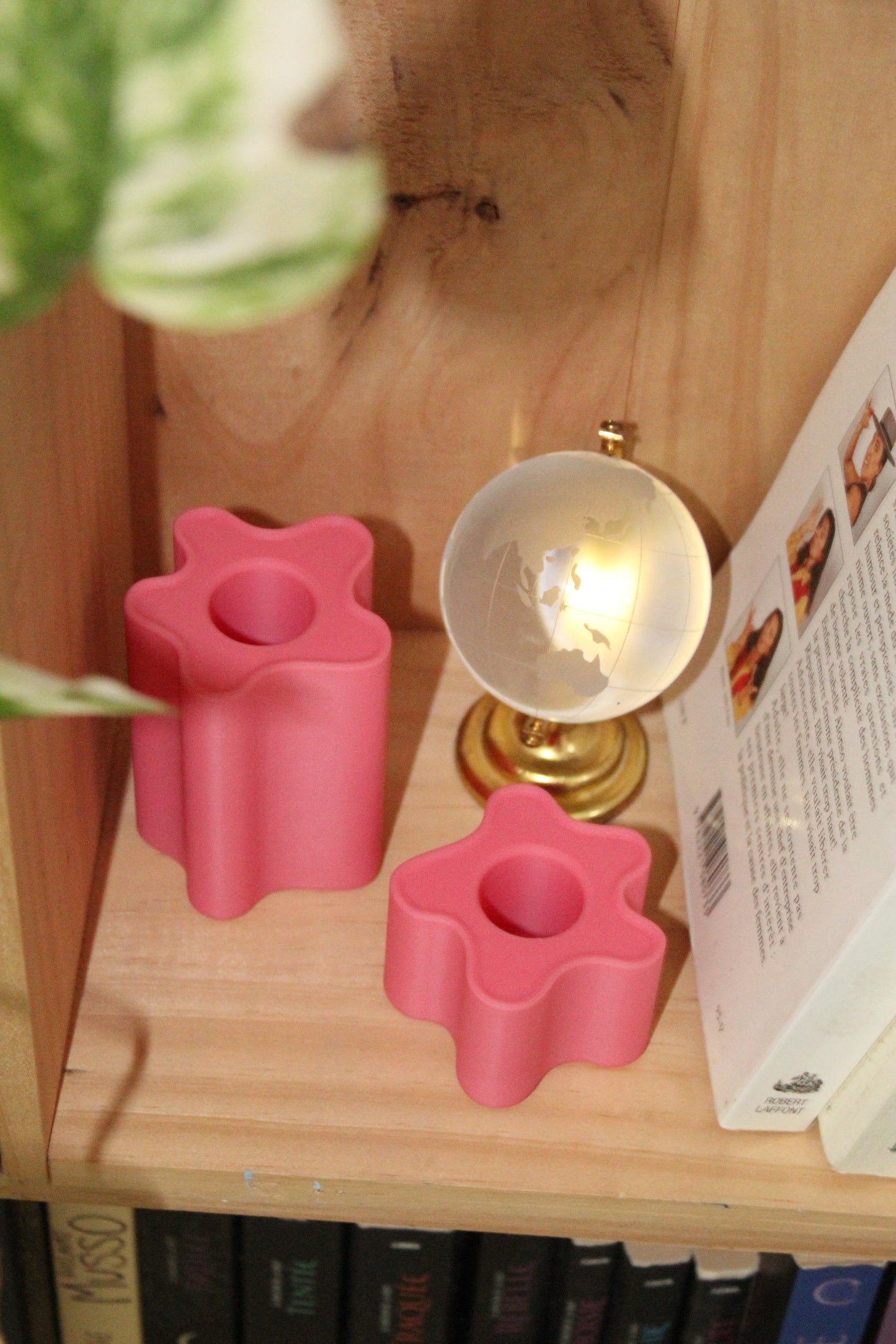 Lot de deux bougeoirs rose pastel, objets déco imprimés en 3D, artisanat francais, slow design, matériau végétal recyclé