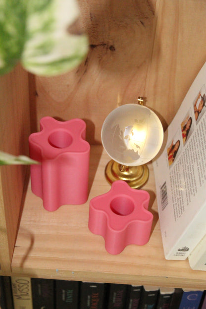 Lot de deux bougeoirs rose pastel, objets déco imprimés en 3D, artisanat francais, slow design, matériau végétal recyclé