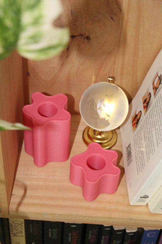 Lot de deux bougeoirs rose pastel, objets déco imprimés en 3D, artisanat francais, slow design, matériau végétal recyclé