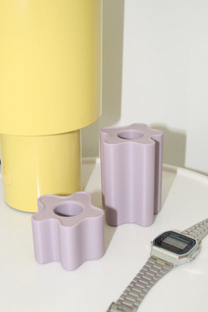 Lot de deux bougeoirs violet pastel, objets déco imprimés en 3D, artisanat francais, slow design, matériau végétal recyclé