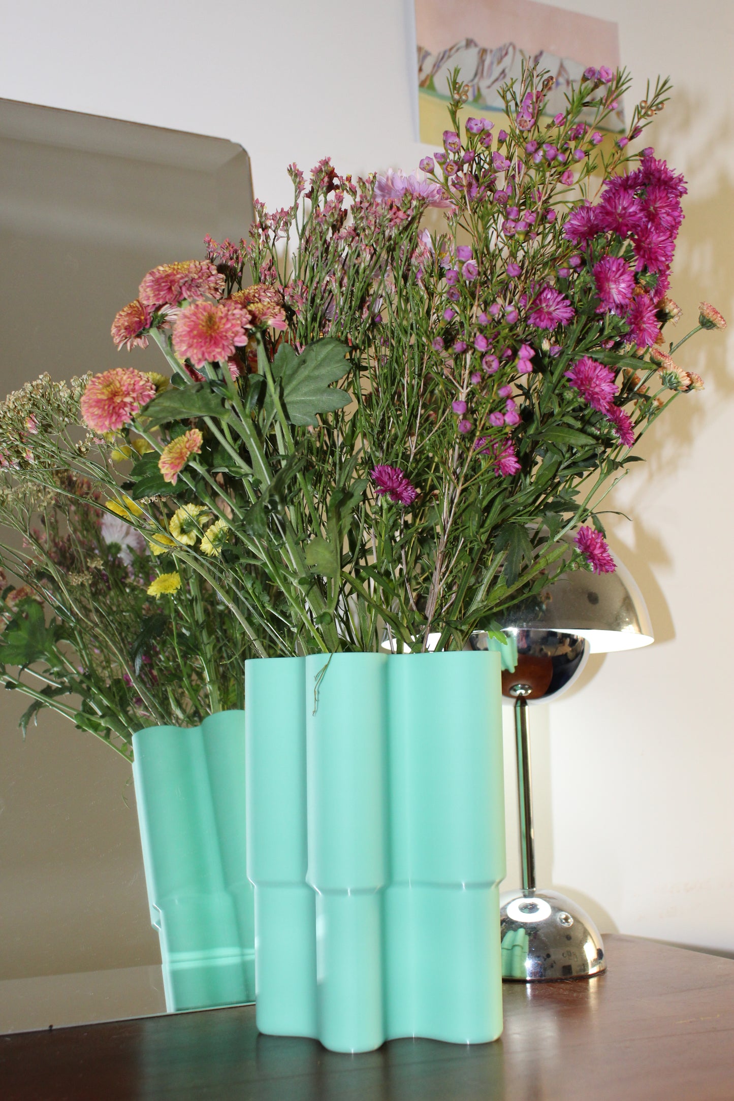 Maxi vase vert pastel design, objet déco, fleurs colorés, impression 3D, artisanat francais, écoresponsable, slow design, matériau végétal recyclé